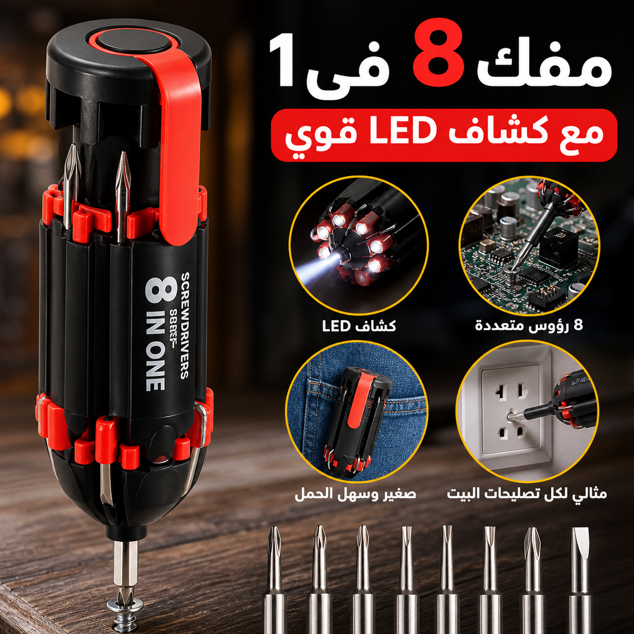مفك 8 في 1 مع كشاف